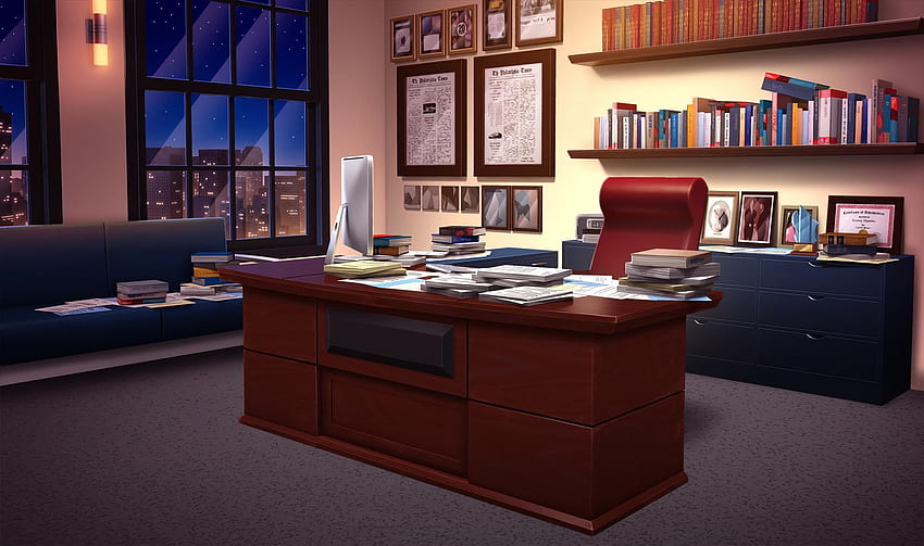 INT. PHILADELPHIA TIMES OFFICE - NOITE. Ruangan, Latar belakang animasi, Pemandangan anime papel de parede HD