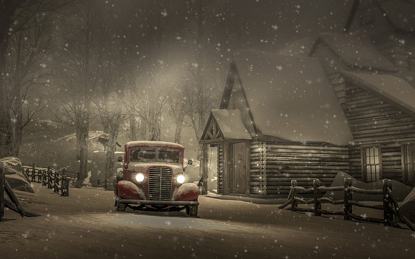 Winter, Auto, Oldtimer, Nacht, Iarna, Haus HD-Hintergrundbild