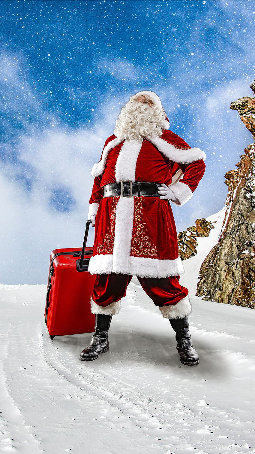 Navidad Invierno Santa Claus Snow Maleta fondo de pantalla del teléfono