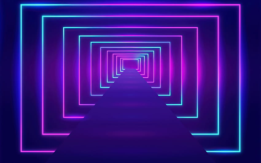 ネオンライトトンネル、目の錯覚、トンネル、道路、パス、紫色のネオンの背景、ネオンライト 高画質の壁紙