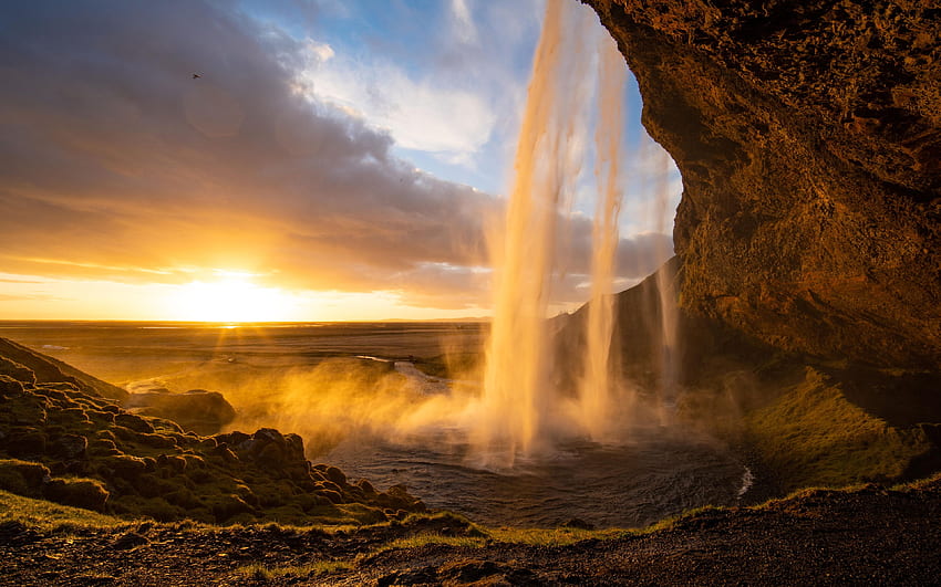 Seljalandsfoss tramonto - Islanda, fiume, paesaggio, nuvole, cielo, scogliera, sole Sfondo HD
