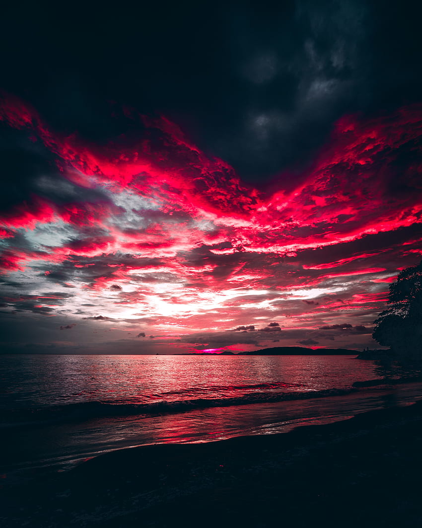 海、夕日、赤い雲、自然 HD電話の壁紙