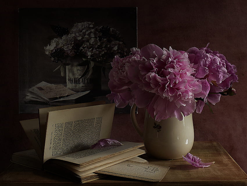 Flowers, mirror, graphy, peony, vase, beautiful, still life, letter, pink, book, petals, nature, lovely HD wallpaper
