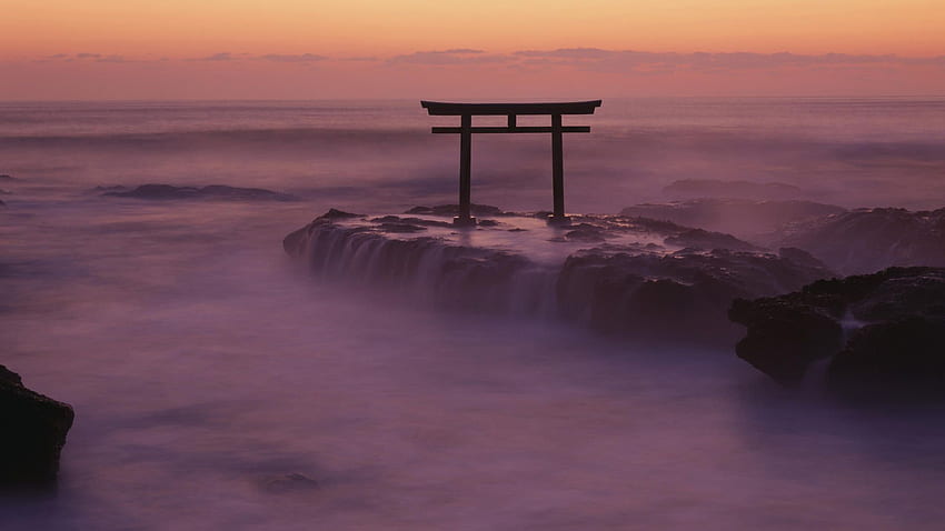 nature, Landscape, Torii, Japan, Asia, Rock, Stones, Sea, Waves, Long exposure, Sunset, Horizon / and Mobile Background, Japanese Torii HD wallpaper