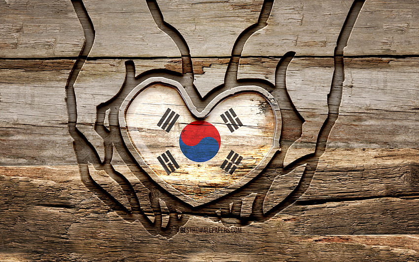 Adoro la Corea del Sud, , mani intagliate in legno, Giorno della Corea del Sud, Bandiera della Corea del Sud, Bandiera della Corea del Sud, Abbi cura della Corea del Sud, creativo, Bandiera della Corea del Sud, Bandiera della Corea del Sud in mano, sculture in legno, Paesi asiatici, Corea del Sud Sfondo HD
