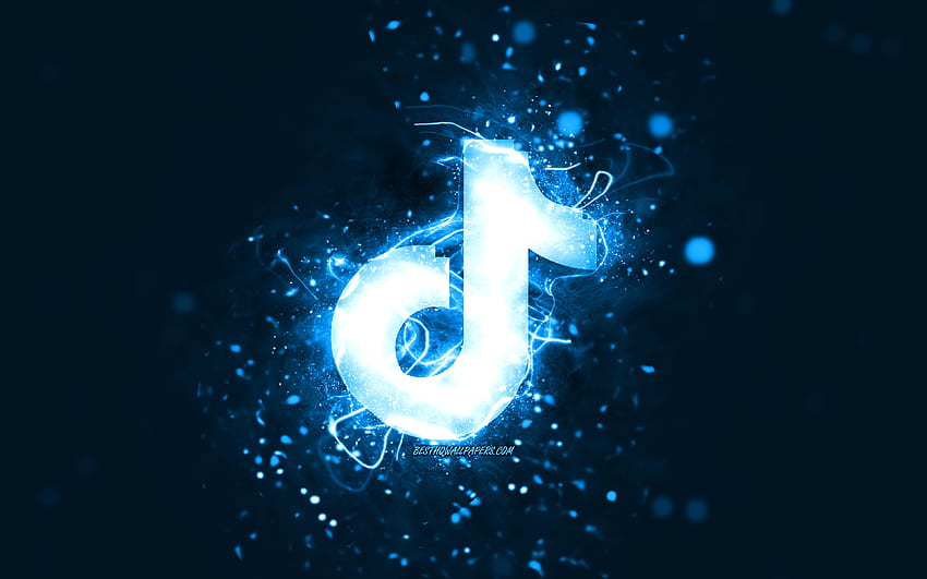 Logotipo azul TikTok, luzes neon azuis, criativo, fundo abstrato azul, logotipo TikTok, rede social, TikTok papel de parede HD