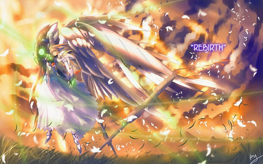 Gundam Wing Girl, bulu, sinar matahari, sayap gundam, jatuh, langit, gadis Wallpaper HD
