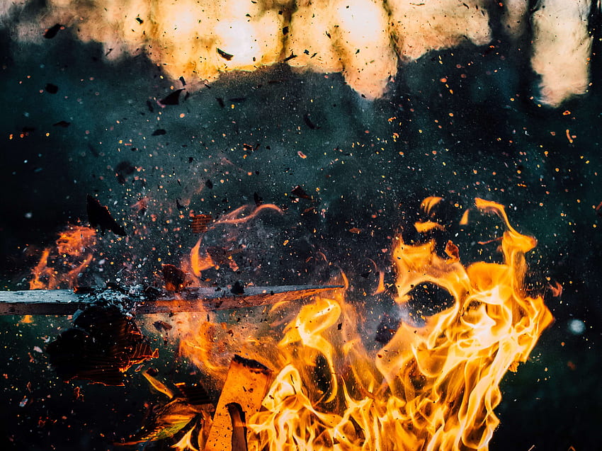 blaze, ember, explosion, fire, flame, flaming, hot, paper, particles, smoke, stick, wood HD wallpaper