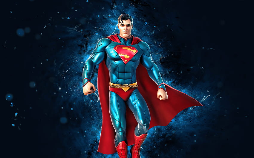 Superman, , blue neon lights, Fortnite Battle Royale, Fortnite characters, Superman Skin, Fortnite, Superman Fortnite HD wallpaper