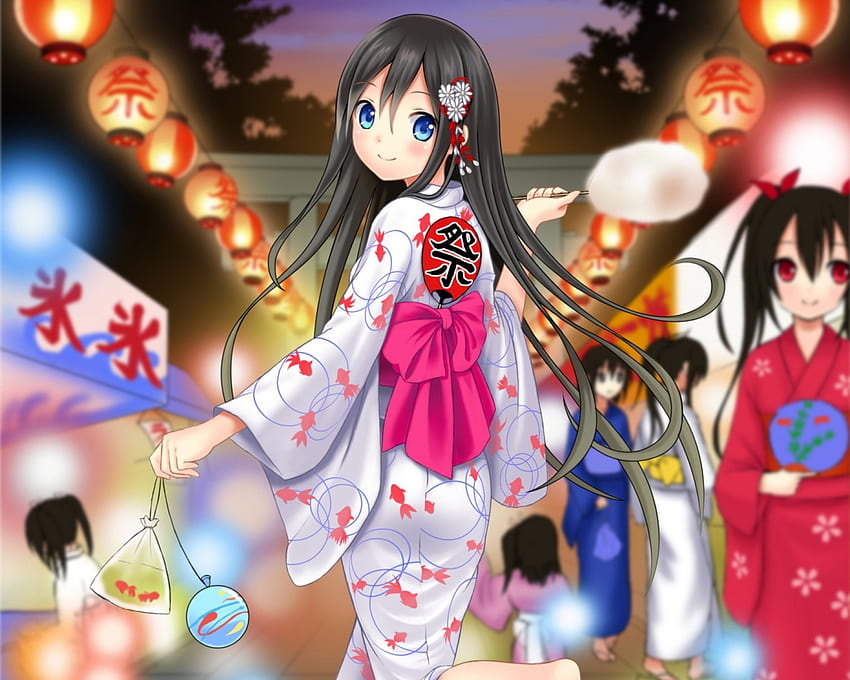 Festival, night, kimono, yukata, cute, red eyes, long hair, female, carnival, blue eyes, girl, black hair, anime girl, anime, light, fun fair, lantern HD wallpaper