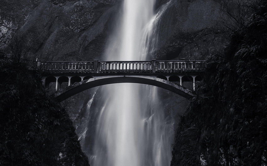 Bridge, Black and White Waterfall HD wallpaper