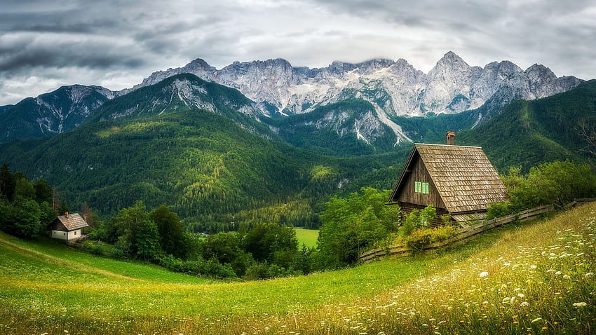 Spring in the mountains, sky, meadow, trees, landscape, clouds, cabin HD wallpaper