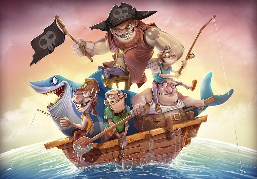 Fantasia, Piratas, Barco, Bandeira, Tubarão, Varas De Pesca, Âncora papel de parede HD