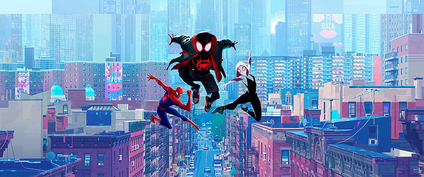 Miles Morales, Gwen, Animation, Jumping, Buildings, Spider Man: Into The Spider Verse Maiden HD wallpaper