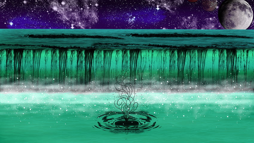 green falls to nowhere, blue, black, glow, glitter, stars, enchanting, mist, waves, nebula, fog, abstract, moon, cg, sparkle, enchant, water, pond, planets, splash, dark, lake, swirls, fantasy, ripples, perspective, green, water drop HD wallpaper