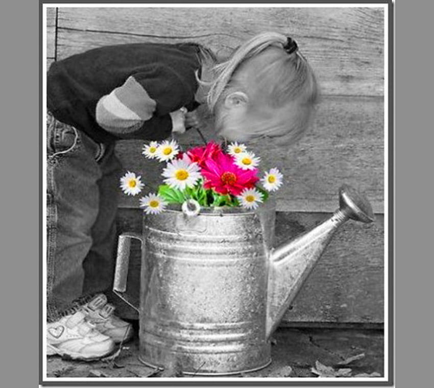 花は私たちの生活を彩ります, 色, 白黒, 花, 女の子, ジョウロ, 子供 高画質の壁紙