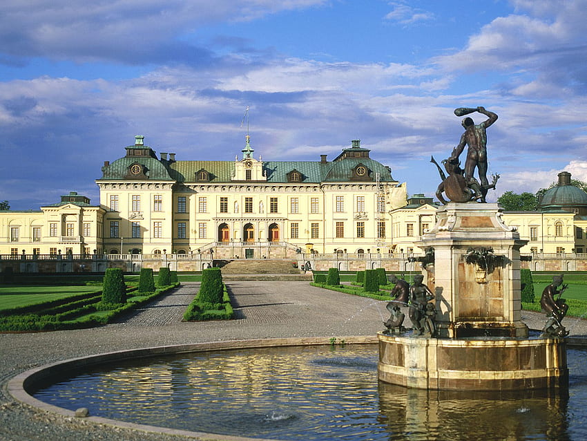 Istana Kerajaan Drottningholm, Stockholm, kediaman, istana, air mancur, pekarangan, kastil, royalti, Swedia, kolam Wallpaper HD