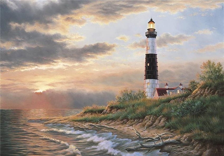 By Judy Gibson, lighthouse, painting, art, judy gibson, nature HD wallpaper