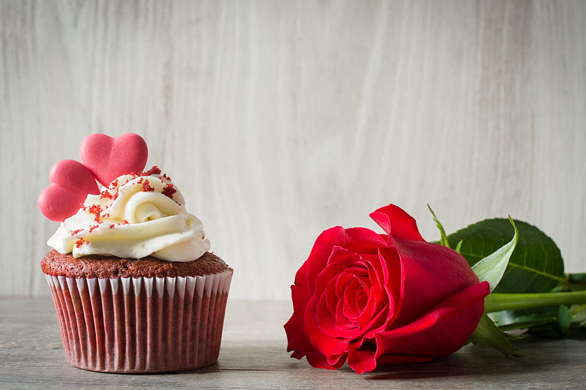 Честит Свети Валентин!, сладко, десерт, храна, валентин, роза, розово, цвете, червено, кексче, картичка, сърце HD тапет