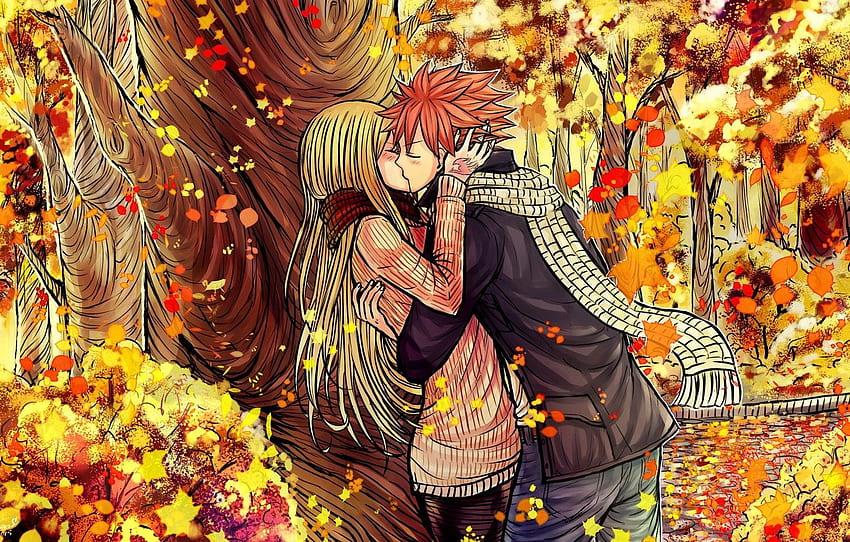 autumn, romance, anime, pair, Fairy Tail, Fairy tail for , section сёнэн, Anime Fall HD wallpaper
