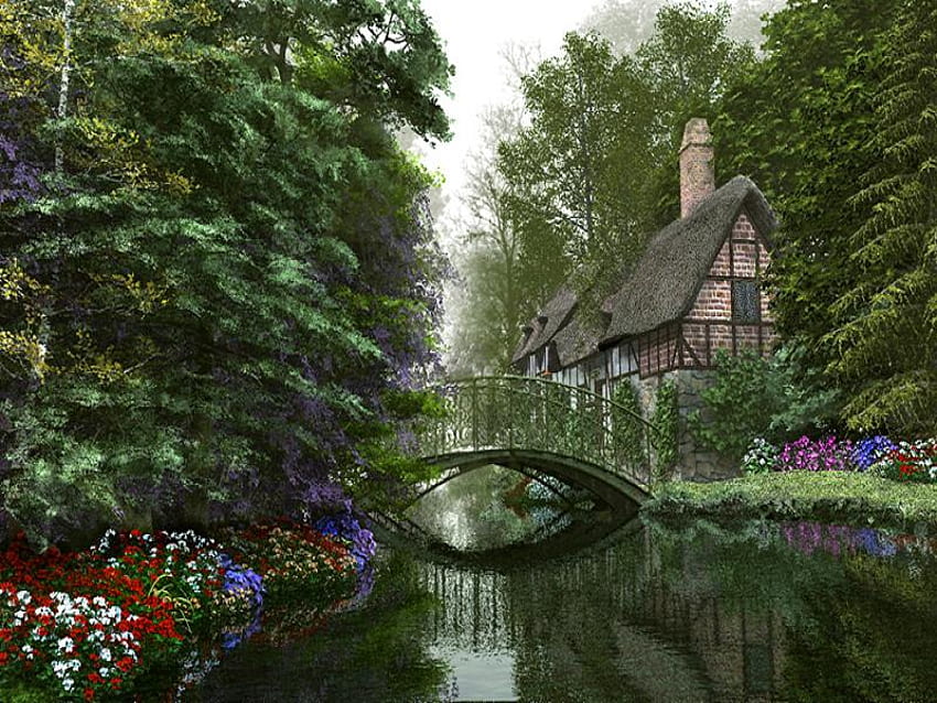 Away from the Rat Race, river, pretty, house, trees, bridge, flowers, thatch, water HD wallpaper