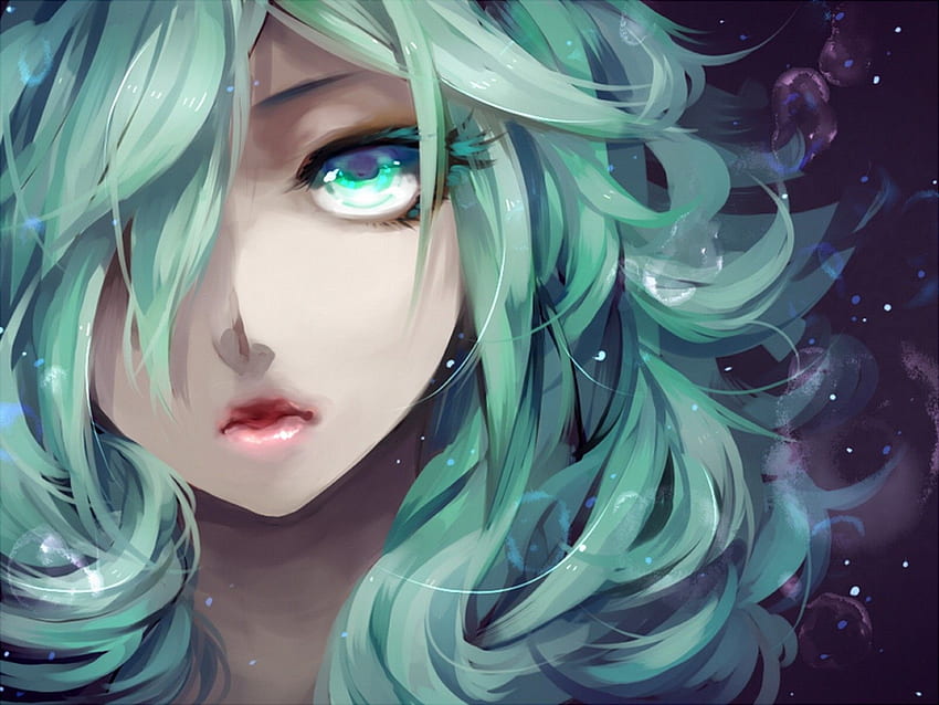 Close Up, Vocaloid, Hatsune Miku, Lips, Long Hair, Green, Curly Hair Cartoon HD wallpaper