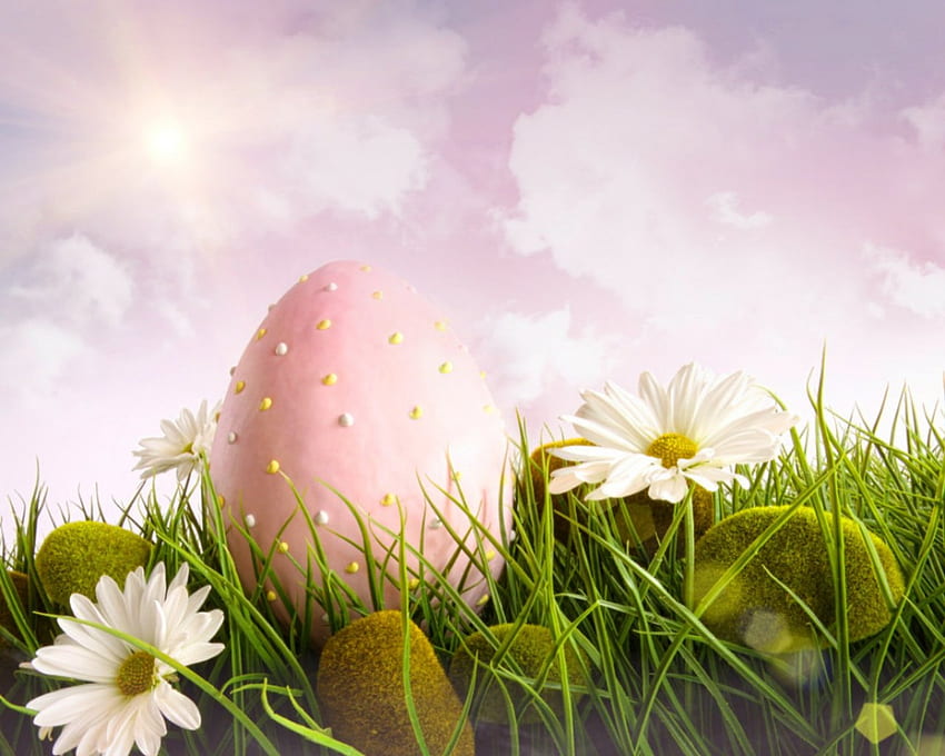 Easter Egg, egg, Easter, sky, flowers, grass HD wallpaper