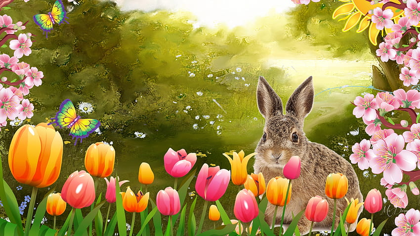 Spring Freshening, Easter, tulips, spring, Firefox Persona theme, bunny, butterflies, field, flowers, rabbit HD wallpaper