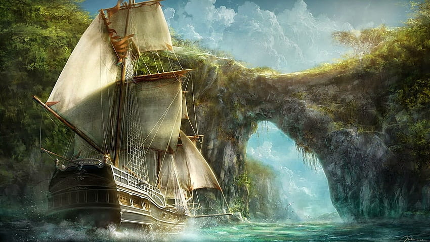 白と茶色の帆船の絵、ファンタジー アート、船、自然、帆船 高画質の壁紙