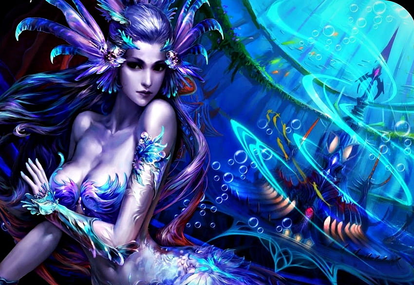 Mermaid, blue, sea, girl, beauty, woman, pink, fantasy, underwater, ocean HD wallpaper