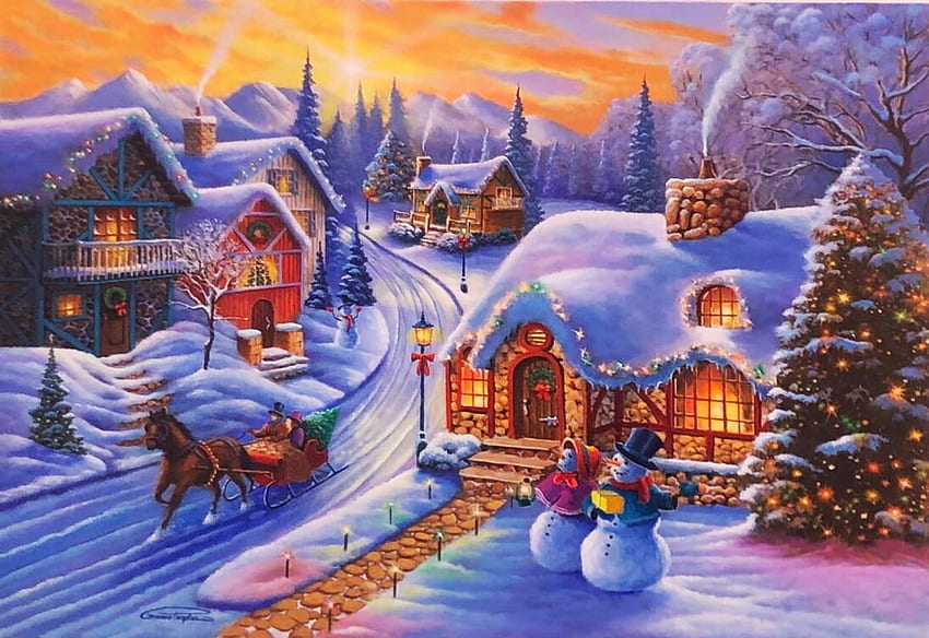 Christmas Cottage, artwork, winter, painting, snow, snowmen, sky, village HD wallpaper