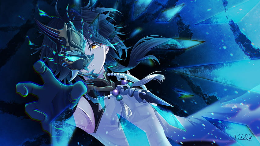 Xiao im blauen Hintergrund Genshin Impact HD-Hintergrundbild