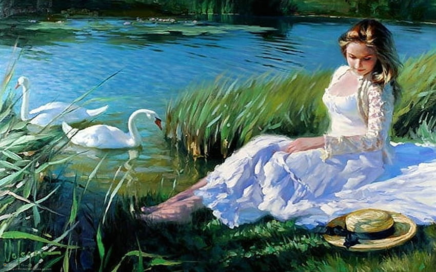 Visita ad un fiume, blu, fiume, bianco, arte, ragazza, bellezza, pittura, verde, natura, acqua, oche Sfondo HD