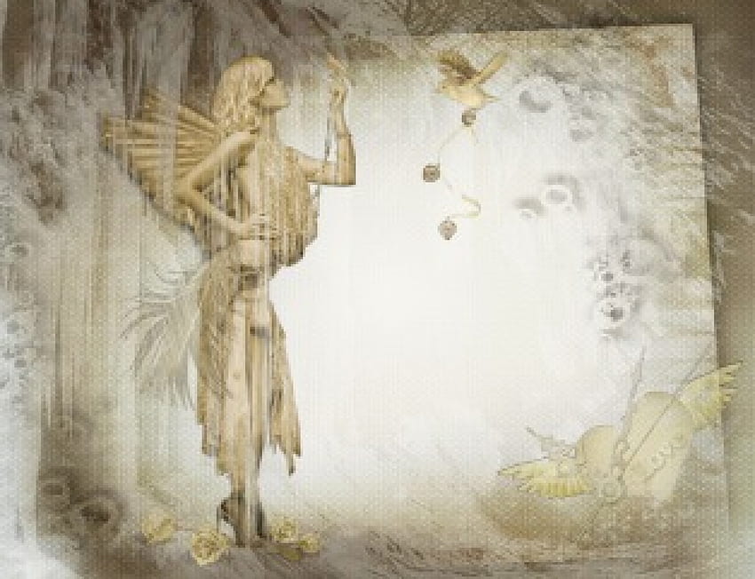 BIRD LADY, wings, birds, feathers, sienna, angel, fantasy, antique, heart, vintage HD wallpaper