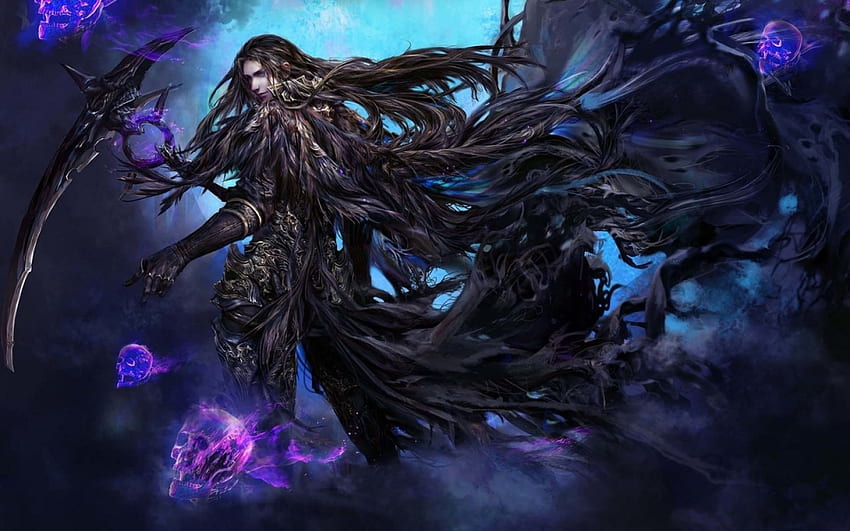 Creature of darkness, blue, black, girl, beauty, dark, woman, purple, fantasy, game, luminos HD wallpaper