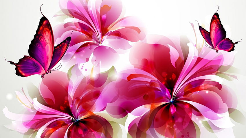 蝶と花、蝶、羽、ピンク、花びら、水彩、美しい、花、ハイビスカス 高画質の壁紙