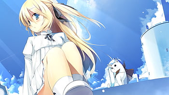 anime girl and cat, white, anime, cat, dress, hair HD wallpaper