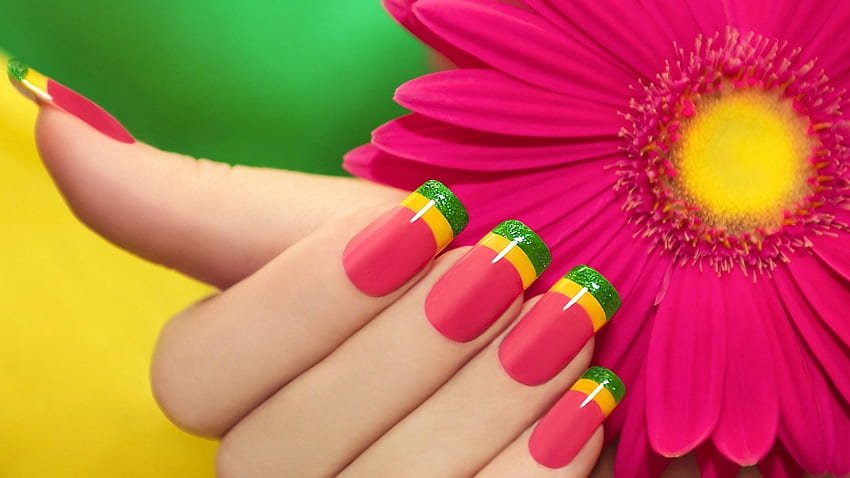 colorato, minimalismo, fiori, mano, dita, unghie lunghe, profondità di campo, unghie rosa, lucide, petali / e mobile, nail art Sfondo HD