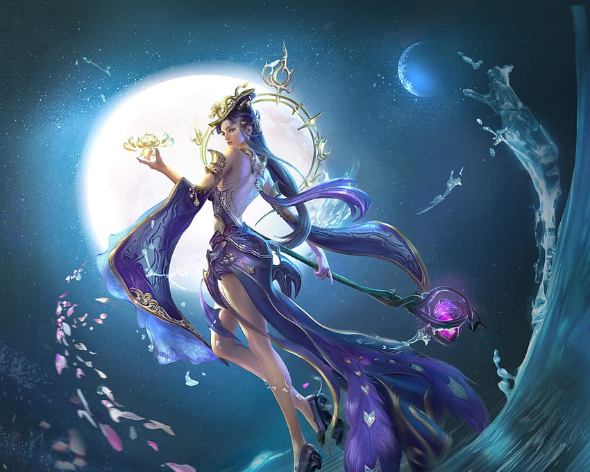 Fantasy girl, blue, night, rongrong wang, moon, fantasy, girl, luminos HD wallpaper