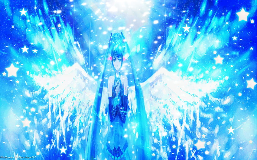 Angel Star, blue, pray, hatsune miku, girl, angel, star, miku, wing, light, cloud HD wallpaper