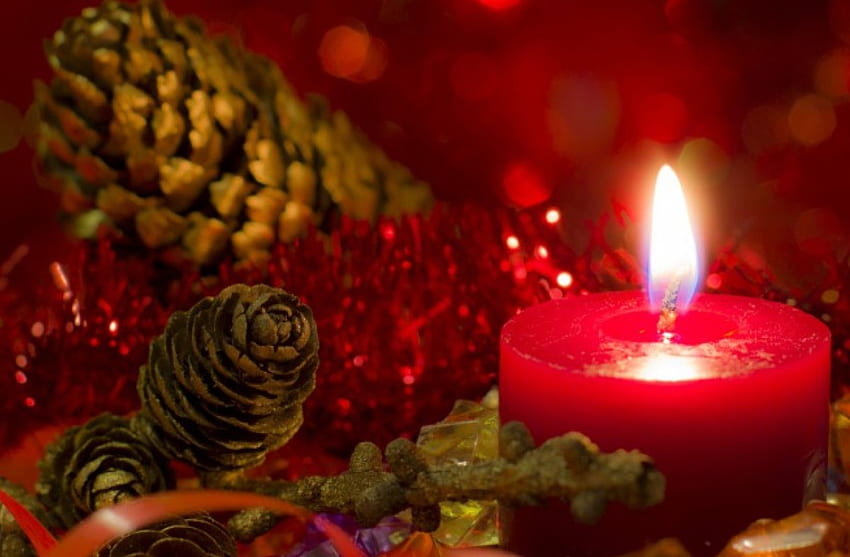 ✿ Happy New Year To ALL My FRIENDS! ✿, winter, pine cones, arrangement, all friends, happy new year, light, love, red tinsel, nature, forever, red candle HD wallpaper