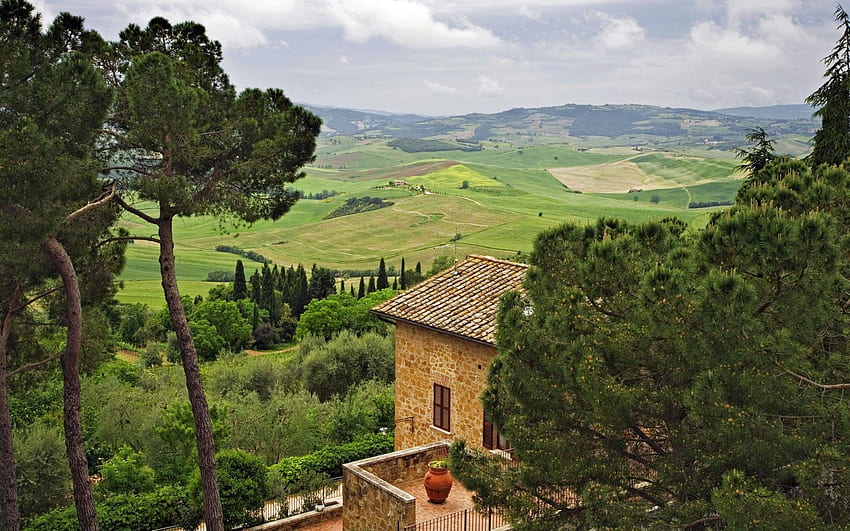 Pole: Vista Włochy Drzewa Doliny Wybiegi Góry Chata Kamień Sceniczny, Włoski Wieś Tapeta HD