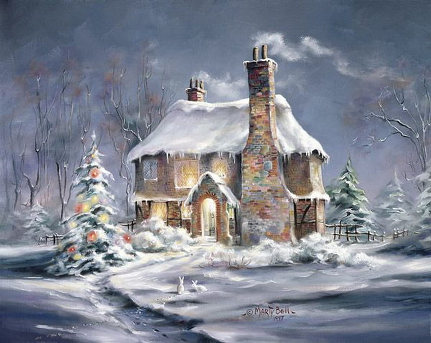 Winter Retreat, rabbits, house, chimneys, fresh, painting, snow, lights, fence, smoke, crisp, decorations, trees HD wallpaper