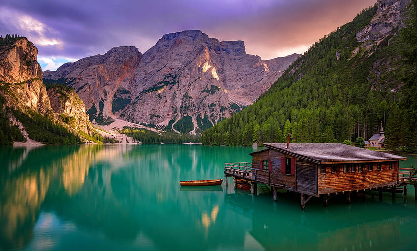 Lake Braies, dolomites, hills, Braies, beautiful, Italy, serenity, tranquil, mountain, lake, cabin, reflection HD wallpaper