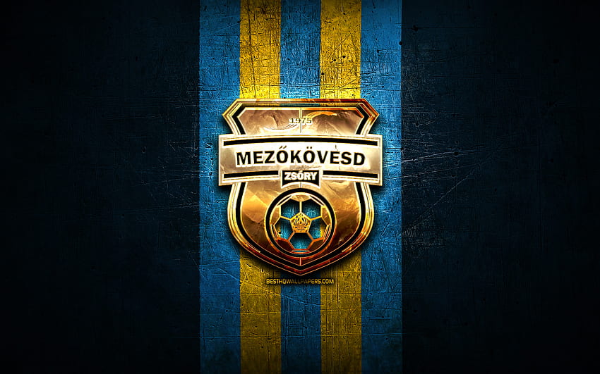 Mezokovesd Zsory FC, 황금색 로고, OTP Bank Liga, 파란색 금속 배경, 축구, 헝가리 축구 클럽, Mezokovesd Zsory 로고, 헝가리, Mezokovesdi SE HD 월페이퍼