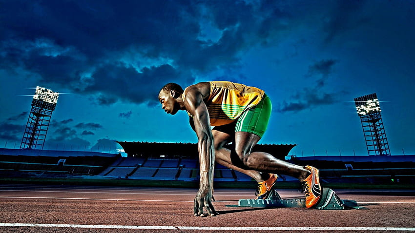 Usain Bolt najszybszy człowiek na świecie, noc, stadion, biegacz, bloki, tor Tapeta HD