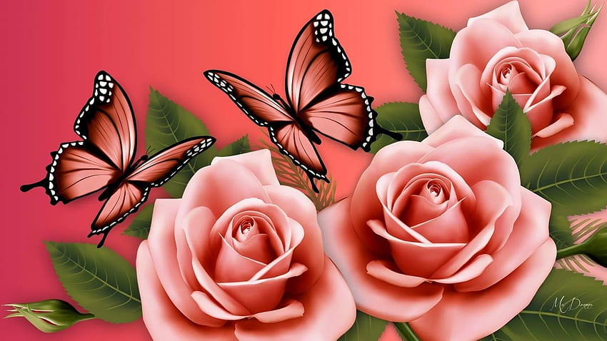 на живо Пеперуда, Диамантена живопис, Роза, Рози и Пеперуди HD тапет