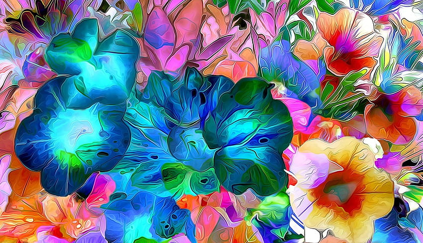 Blumen, Blau, Kunst, Poster, Rosa, Malerei, , Blume, Grün, Gelb, Textur HD-Hintergrundbild