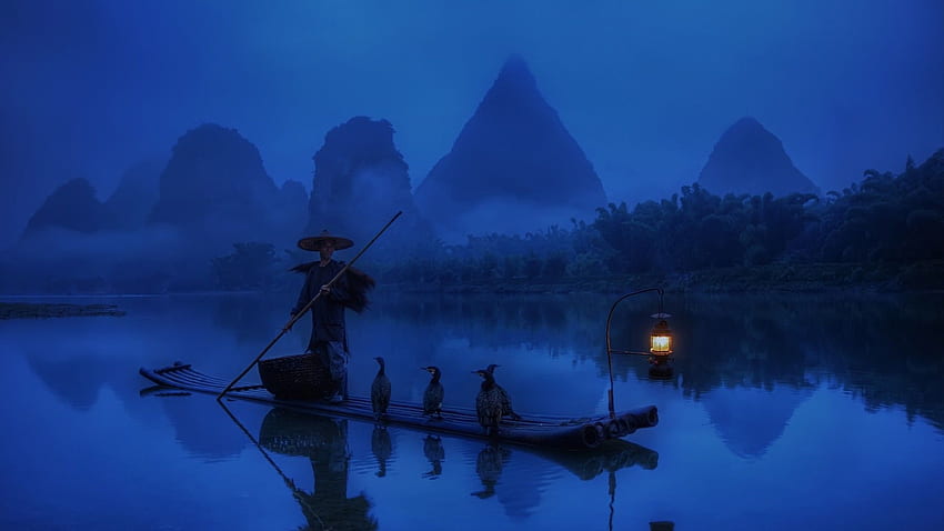 Rive Cormorants Morning Mountains Light Fisherman Lantern Birds, China HD wallpaper