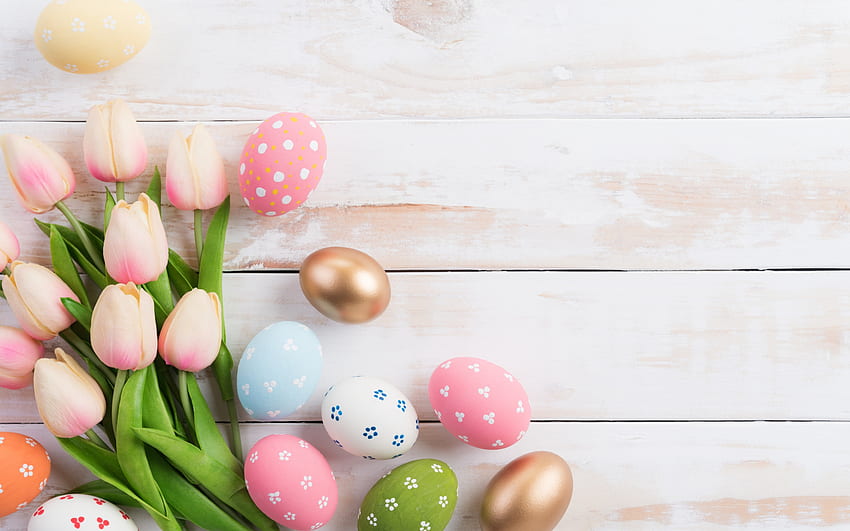 Happy Easter!, egg, tulip, white, pink, pasti, flower, green, easter HD wallpaper